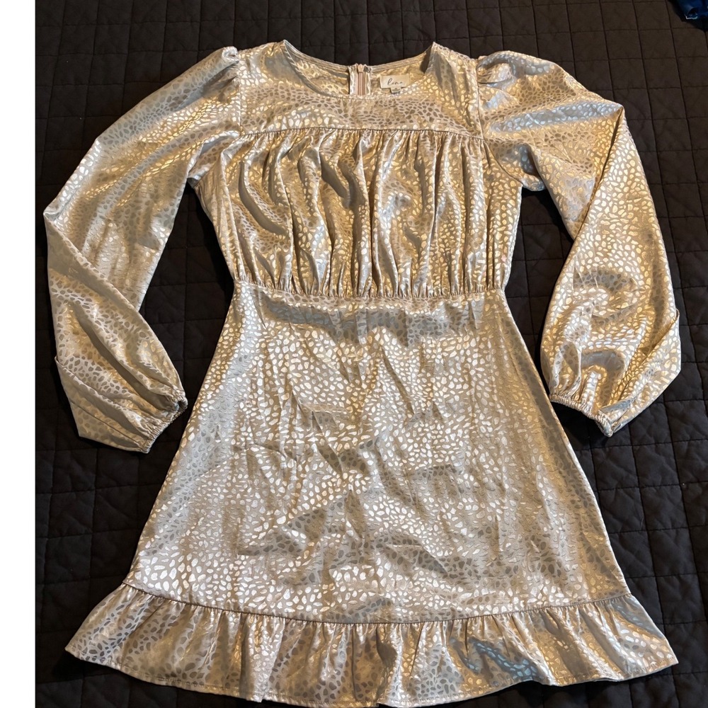 Lena Champagne Gold Metallic Cheetah Jacquard Ruffle Mini‎ Dress Small
